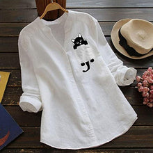 Load image into Gallery viewer, V-neck Cotton And Cat Print Long Sleeve Blouse