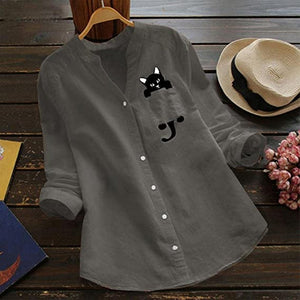 V-neck Cotton And Cat Print Long Sleeve Blouse