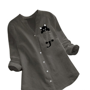 V-neck Cotton And Cat Print Long Sleeve Blouse