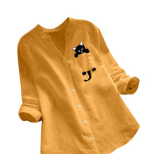 Load image into Gallery viewer, V-neck Cotton And Cat Print Long Sleeve Blouse