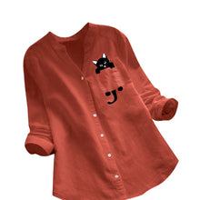 Load image into Gallery viewer, V-neck Cotton And Cat Print Long Sleeve Blouse