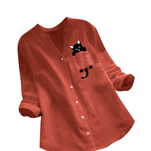 V-neck Cotton And Cat Print Long Sleeve Blouse