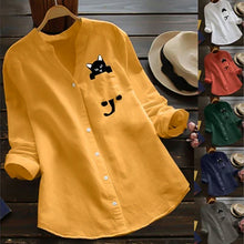 Load image into Gallery viewer, V-neck Cotton And Cat Print Long Sleeve Blouse